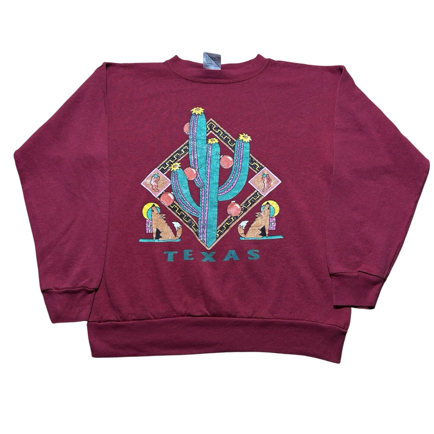Vintage 80s Texas Native Art Cactus Chili Pepper Coyote Crewneck Sweatshirt L