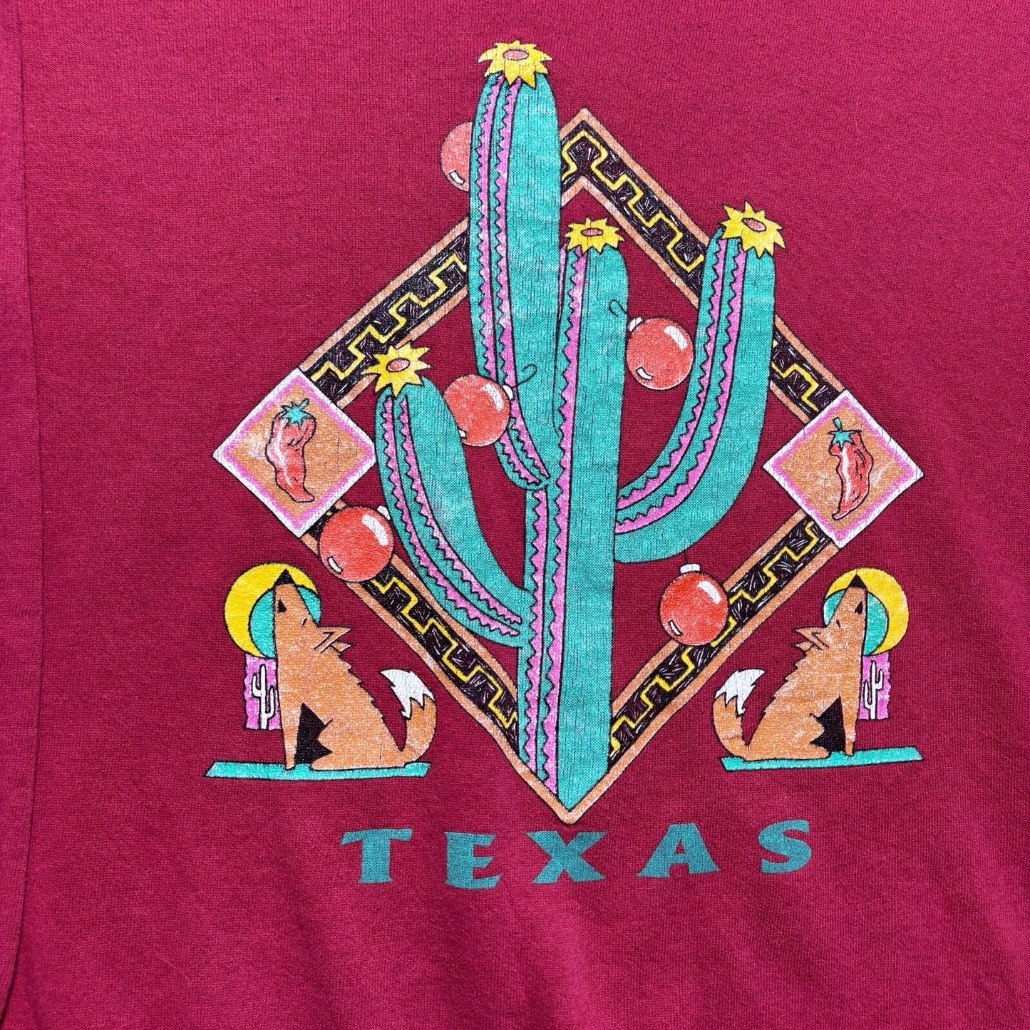 Vintage 80s Texas Native Art Cactus Chili Pepper Coyote Crewneck Sweatshirt L