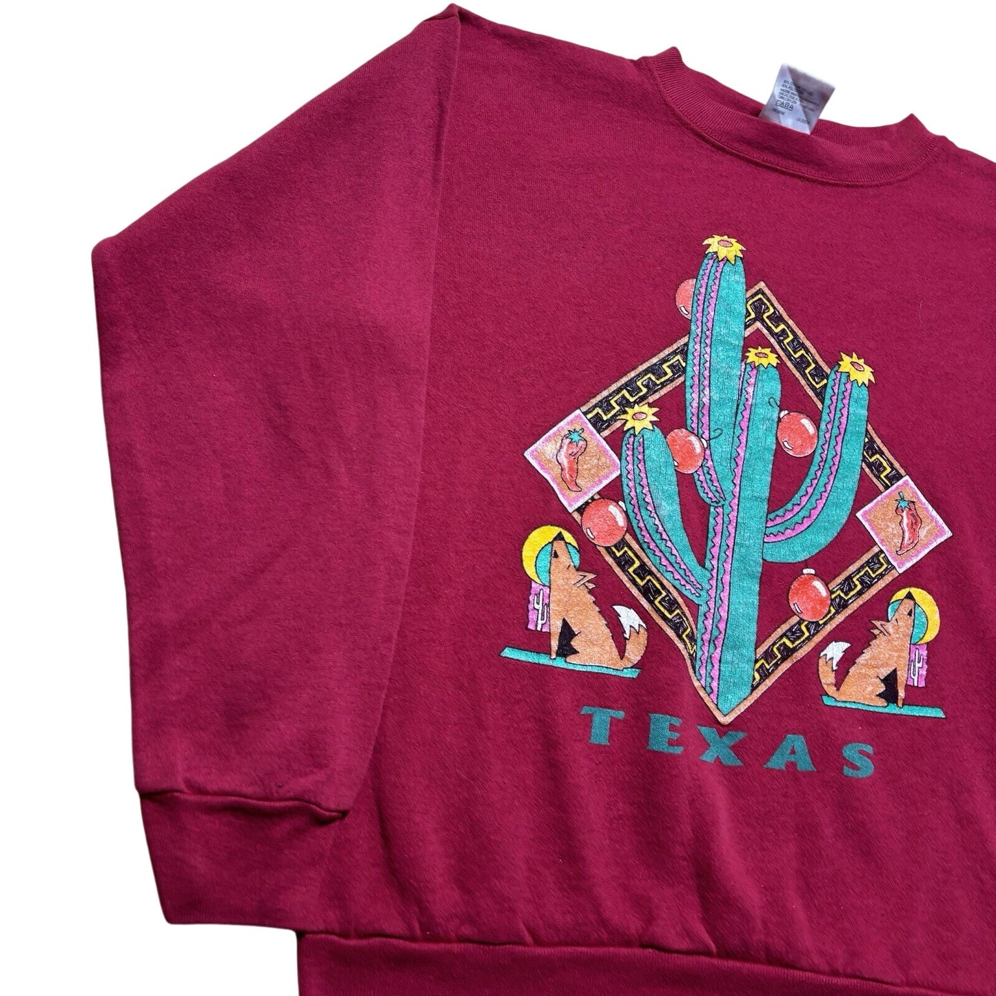 Vintage 80s Texas Native Art Cactus Chili Pepper Coyote Crewneck Sweatshirt L