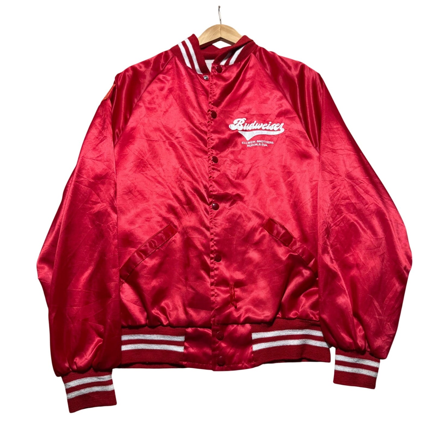 Vintage 90s Budweiser Beer Nylon Huron SD Satin Bomber Jacket USA Made - Large