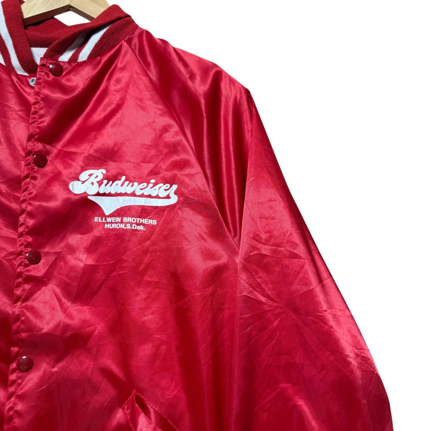 Vintage 90s Budweiser Beer Nylon Huron SD Satin Bomber Jacket USA Made - Large