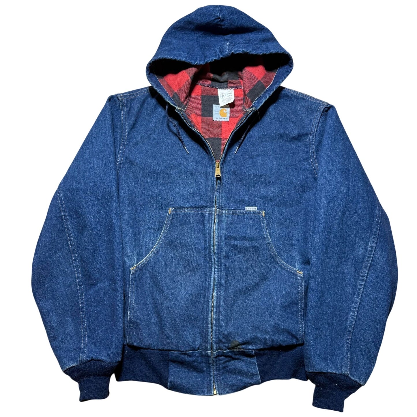 Vintage 90s Carhartt Workwear Full Zip Lined Hooded Denim Jean Jacket USA Large