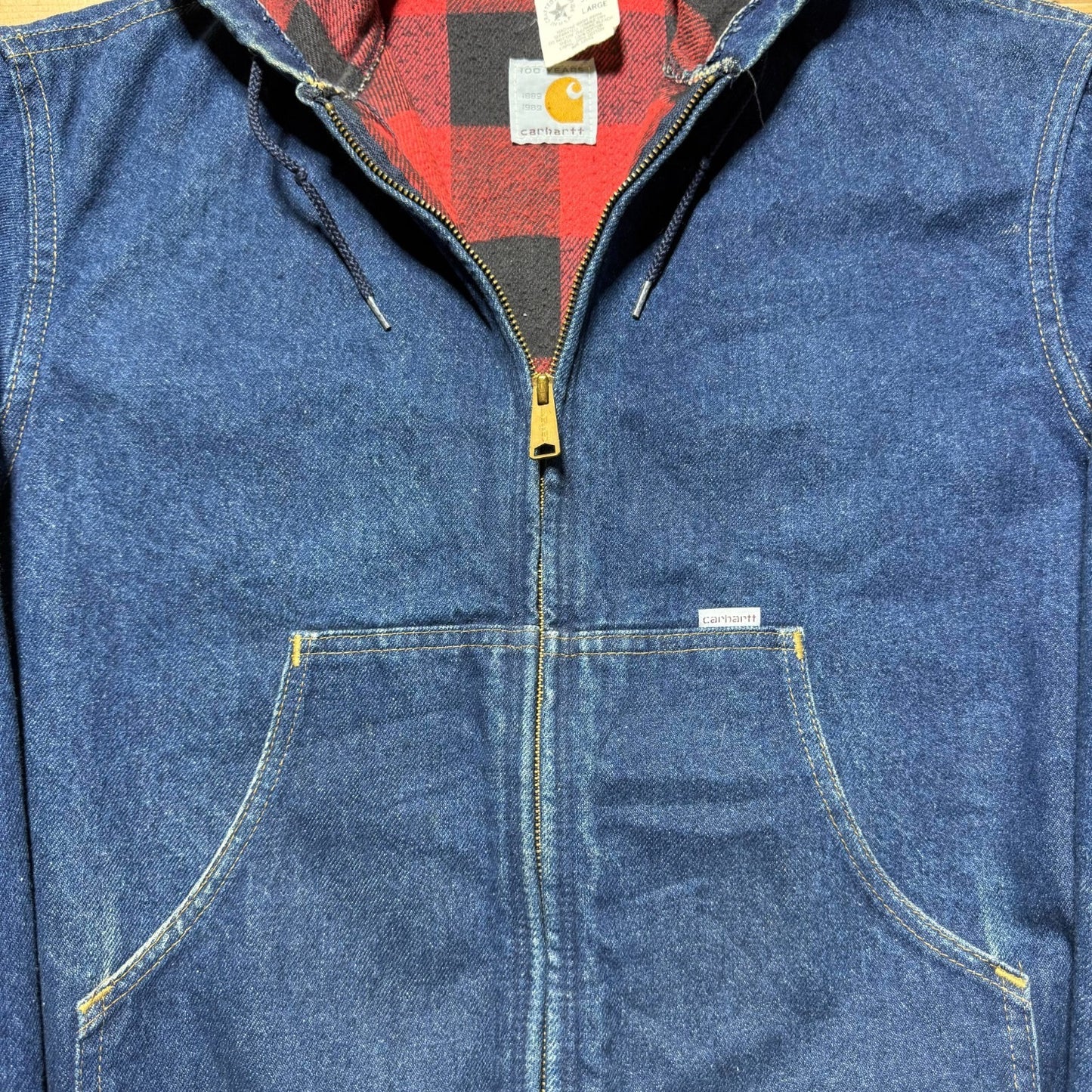 Vintage 90s Carhartt Workwear Full Zip Lined Hooded Denim Jean Jacket USA Large