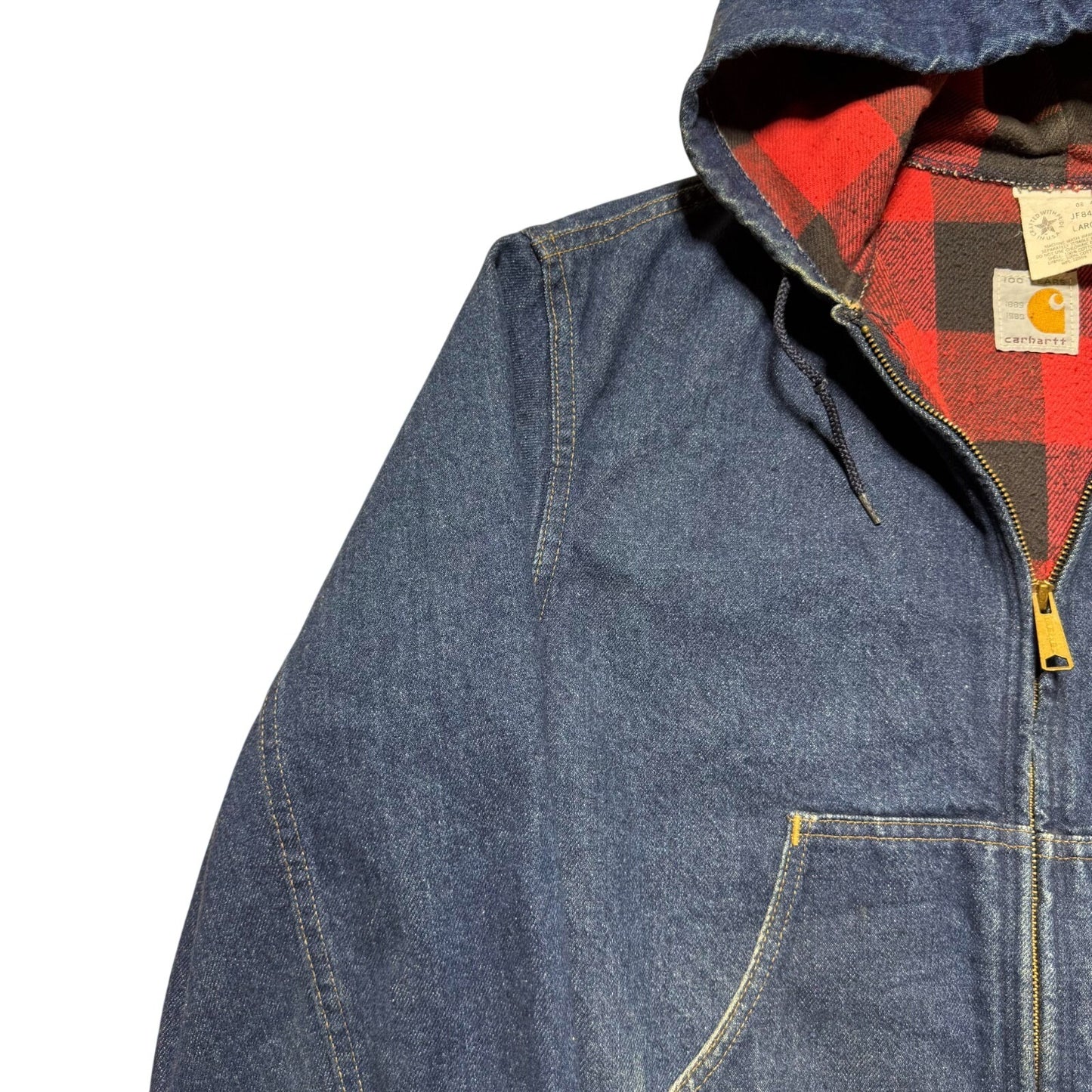 Vintage 90s Carhartt Workwear Full Zip Lined Hooded Denim Jean Jacket USA Large