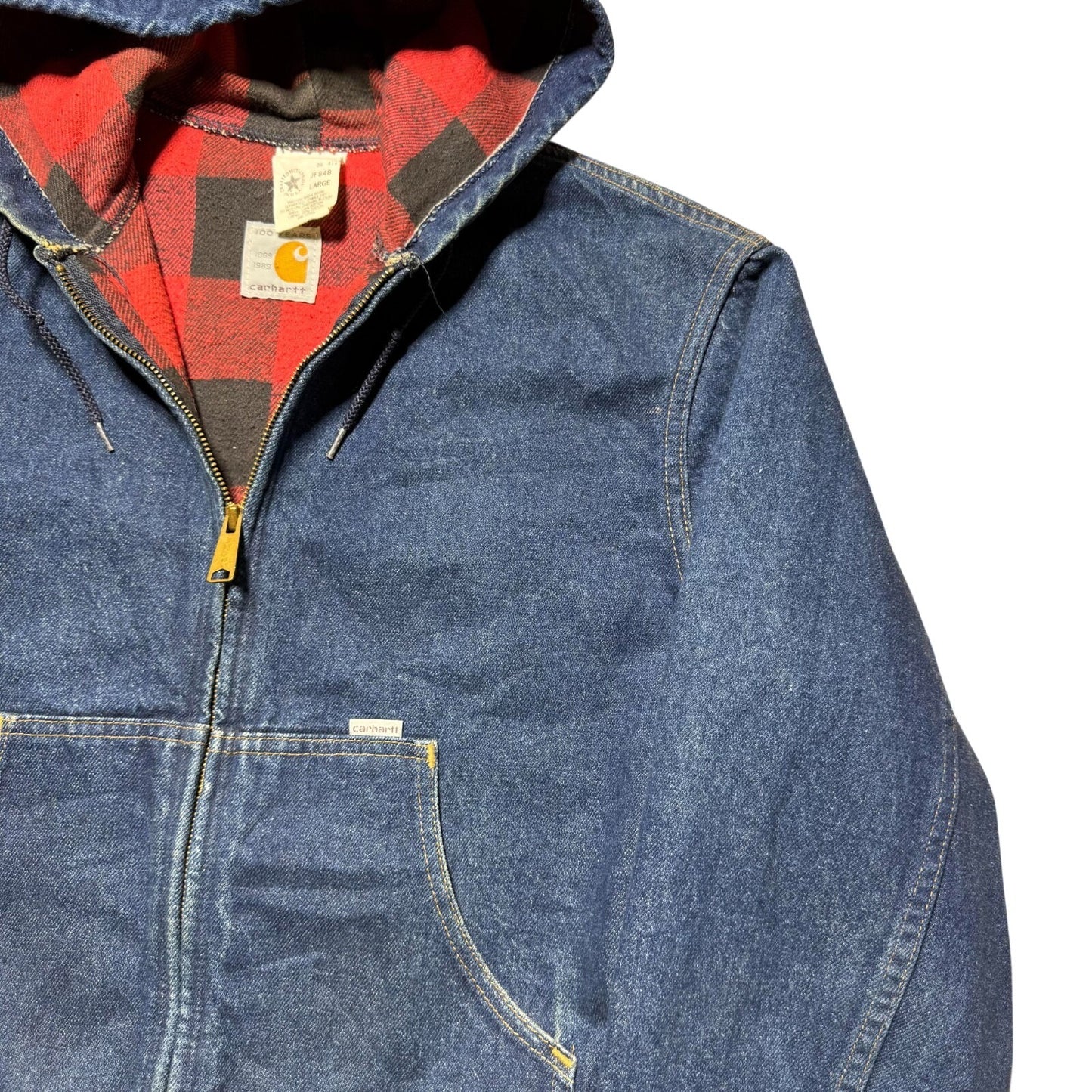 Vintage 90s Carhartt Workwear Full Zip Lined Hooded Denim Jean Jacket USA Large