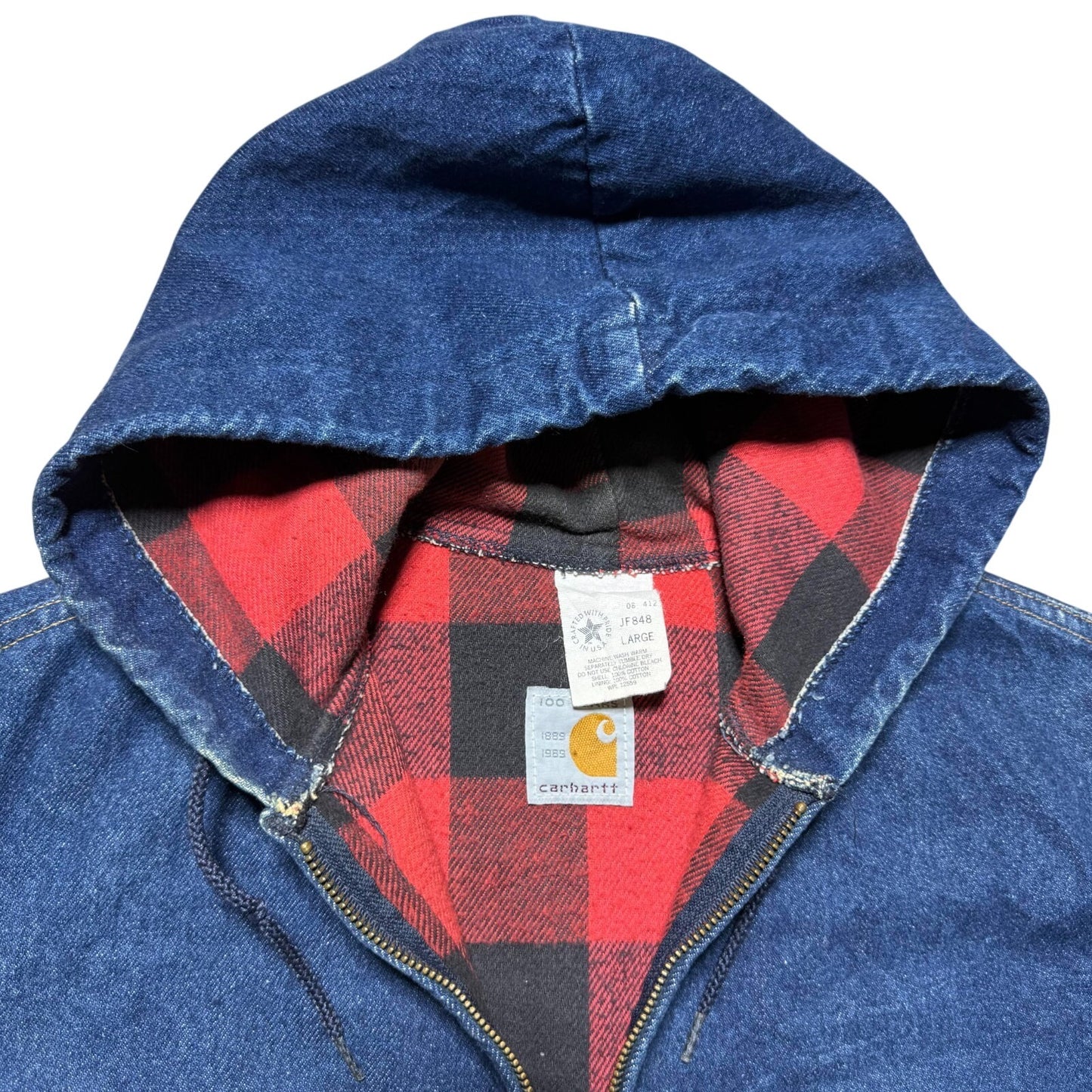 Vintage 90s Carhartt Workwear Full Zip Lined Hooded Denim Jean Jacket USA Large