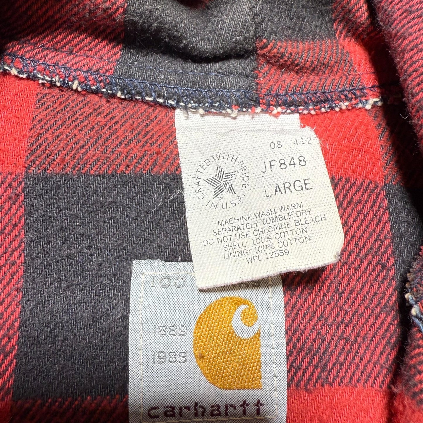 Vintage 90s Carhartt Workwear Full Zip Lined Hooded Denim Jean Jacket USA Large