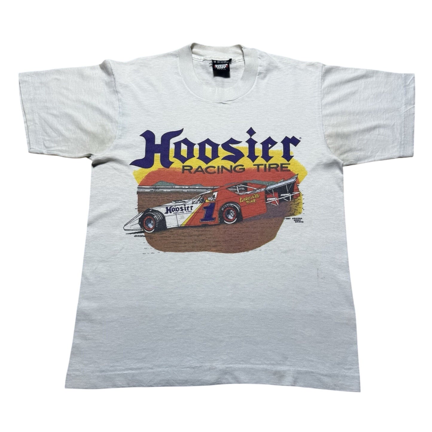 Vintage 80s Hoosier Automotive Champion Outlaw Racing Team Tires Shirt - Medium