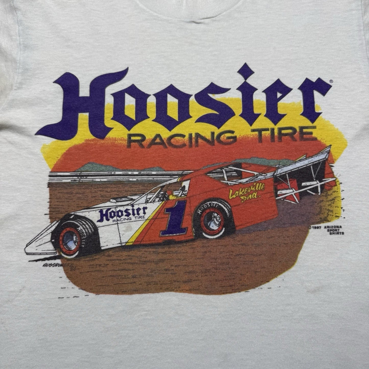 Vintage 80s Hoosier Automotive Champion Outlaw Racing Team Tires Shirt - Medium
