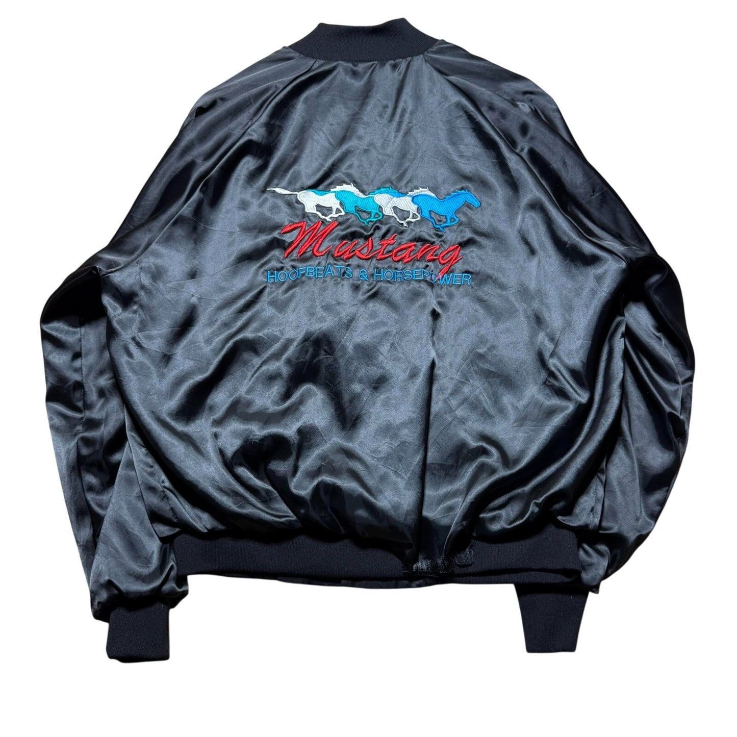 Vintage 80s 90s Mustang Hoofbeats & Horsepower Racing Satin Bomber Jacket Large